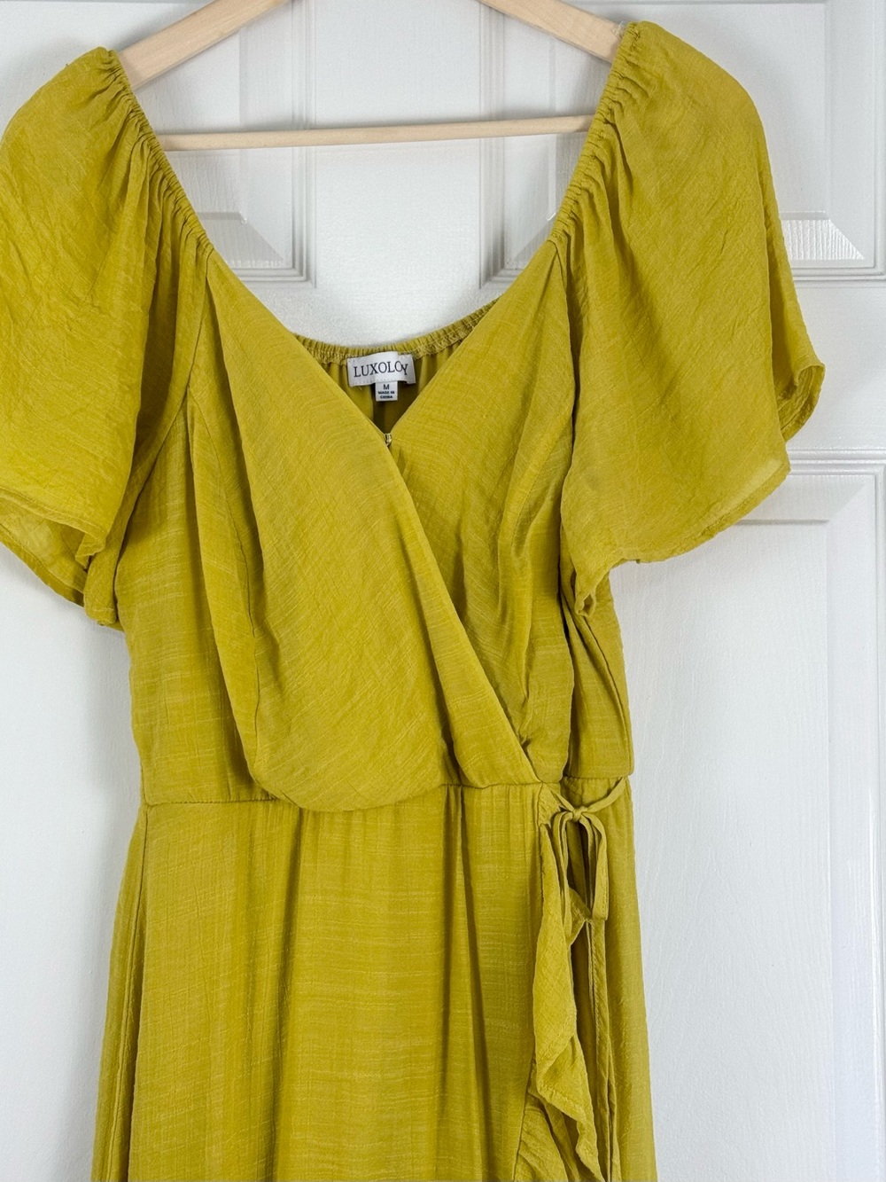 Luxology Chartreuse Criss-Cross Blouson Bodice Ruffled Skirt Summer Dress Medium - Picture 3 of 7